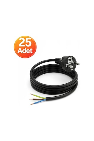 25 Adet - Açık Uç Güç Power Kablosu Fişli 3x0.75 Topraklı - 1 Metre