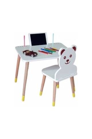 LİVA AHŞAP Çocuk Aktivite Masa Sandalye Takımı Tekli Ayıcıklı Beyaz - Sarı