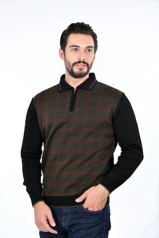 Kamalı Erkek Çelik Örgü Kazayağı Gömlek Yaka Fermuarlı Polo Yaka Tüylenmeyen Triko Kışlık Baba Kazak Siyah