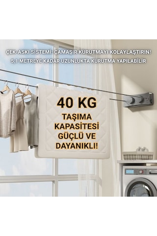 Polham 5.1 Metre Uzayabilir Çift Halatlı Çelik Dayanıklı Çek-bırak Çamaşır İpi, 40 Kg Taşıma Kapasiteli Gri