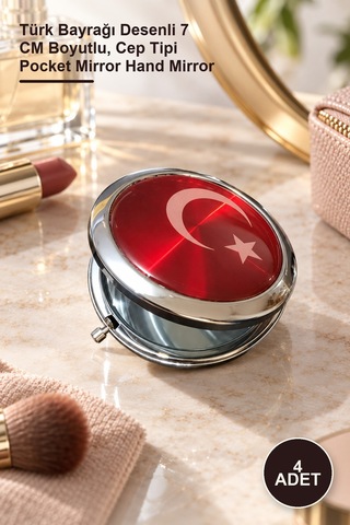 4 Adet El Aynası Türk Bayrağı Desenli 7 Cm Boyutlu, Cep Tipi Pocket Mirror Hand Mirror Sarı