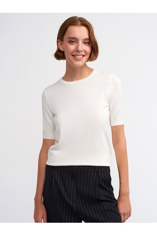 Dilvin Arkası Düğmeli Kısa Kol Kazak  Ekru