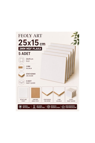 25x15 Cm 3 Mm Mdf Plaka 5 Adet - Beyaz Lam Kaplamalı