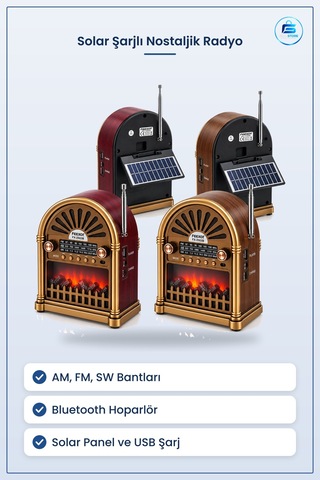 Solar Şarjlı Nostaljik Radyo Bluetooth Hoparlör Am Fm Sw Usb Type
