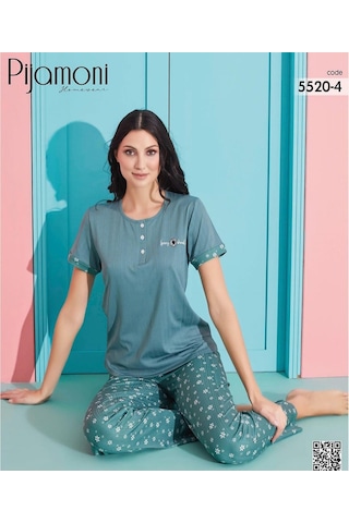 Pijamoni Kadın Viskoz Likralı Düğme Yaka Kaşkorse Patlı Kısa Kol Pijama Takımı 5520-4 / 1 Adet Yeşil