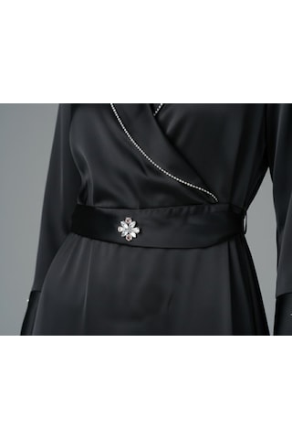 Wear&co Still Wear Co Stıll Kadın Siyah Saten Uzun Elbise Kruvaze Yaka, Kemerli, Şık Taşlı Abiye Elbise Siyah
