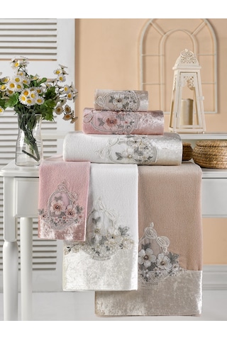 Kadife Gipürlü Analı Kızlı Havlu Seti 6 Lı 3 Ad 50 90-3 Ad 30 50 Krem - Kahve - Pudra