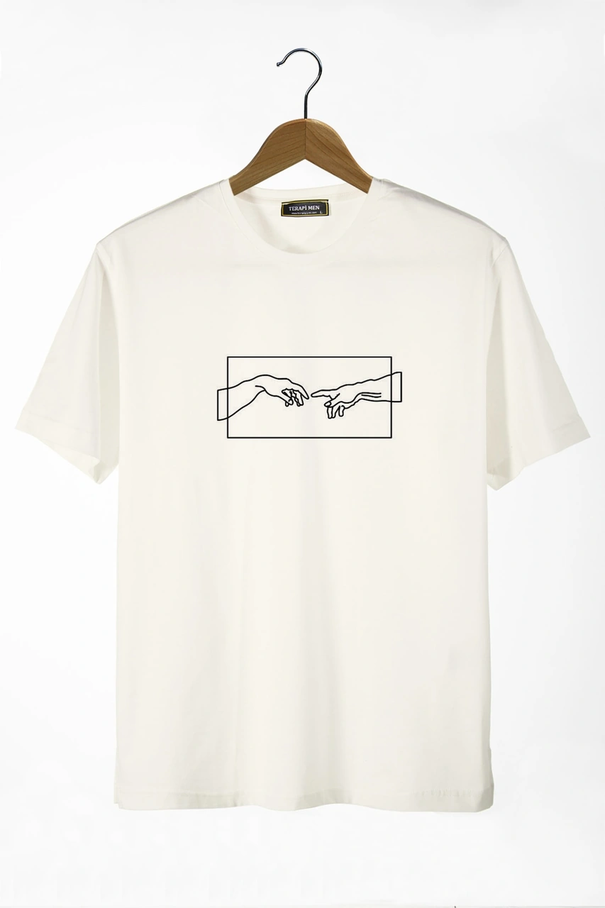 Veaven Unisex Ekru Önü Adem İn Yaratılışı El Baskılı Bisiklet Yaka Oversize Kalıp Basic Pamuklu T-shirt Ekru