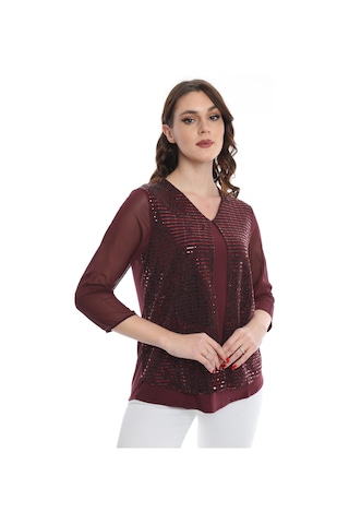 Ella Camelia Kadın Kolları Tül Detaylı Bluz 19E040 Bordo