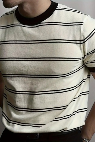 Tarz Cool Erkek Çizgi Detaylı Slim Fit Bisiklet Yaka Triko T-shirt Beyaz