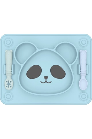 Sones Bebek Entegre Vakumlu Bardak Izgara Yemek Tabağı Çocuk Panda Silikon Yapıştırıcı Tabaklar Çatal Ve Kaşıkla Gök Mavisi