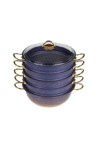 6091c - 6 Parça Bio Granit, 32 Cm- 9,0 Litre Özbek Buharlı Mantı Tencere Seti Mavi Gövde, Gold Detay Lacivert