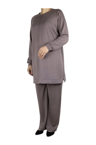Kadın Tunik Önü Dikişli Altı Bantlı Pantolon Beli Lastikli Önü Dikişli İkili Takım Vizon