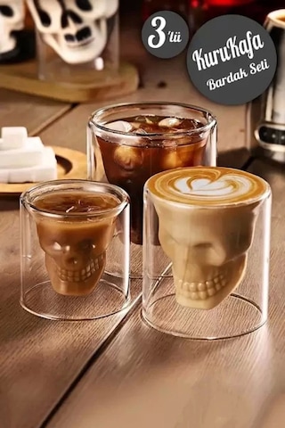 3'lü Kuru Kafa Tasarımlı Çift Cidarlı Cam Bardak Kahve Sunum Bar