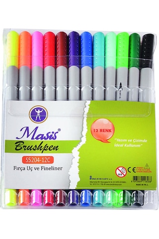 Brushpen Çift Uçlu Fırça Uç Ve Fineliner Uçlu 12 Renk Pvc Paket