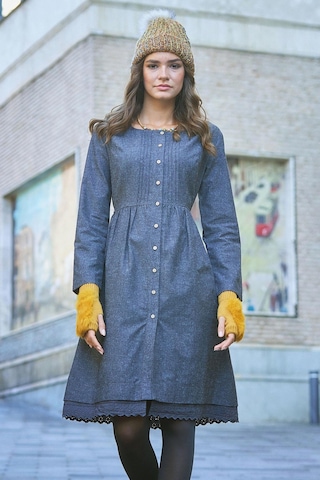 Nervürlü Yaka Dantelli Uzun Kollu Gri Elbise Desenli