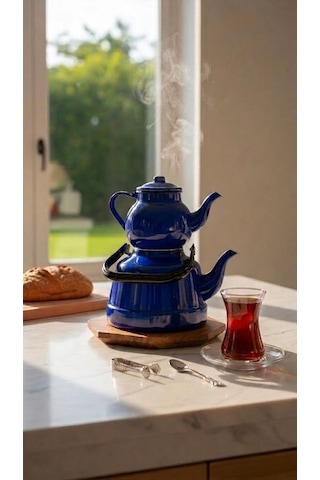 Nostalji Çaydanlık Takımı Renkli Alt 1,7 Lt Üst 0,7 Lt Mavi