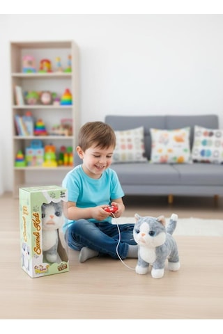 Sevimli Kedi Kumandalı Sesli Miyavlıyan Dil Çıkaran 5 Fonksiyonlu Oyuncak Peluş Hayvan Beyaz Gri Çok Renkli