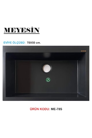 Meyesin ME-78S Granit Tek Gözlü Mutfak Evyesi Siyah 78 x 49 CM