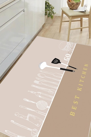Dijital Baskılı Dekoratif Kaymaz Taban Yıkanabilir Halı Best Kıtchen Desenli Utfak Halısı Yolluk Salon Halısı Krem