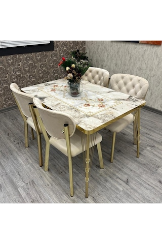 Akuamarin Mutfak Yemek Masası Takımı- 4 Kişilik Mutfak Masa Sandalye Takımı- Mutfak Masası Takımı Gold Krem