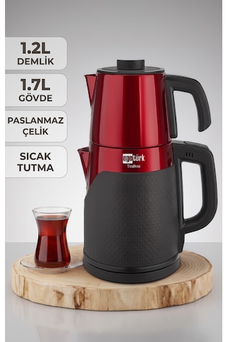 Egetürk Coverlı Elektrikli Çay Makinesi, Çaycı 2000w 1.7l Su Isıtıcı 1.2l Demlik Paslanmaz Çelik Kırmızı