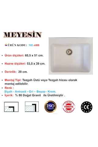 Meyesin ME-60B Granit Tek Gözlü Mutfak Evyesi Beyaz 50 x 60 CM