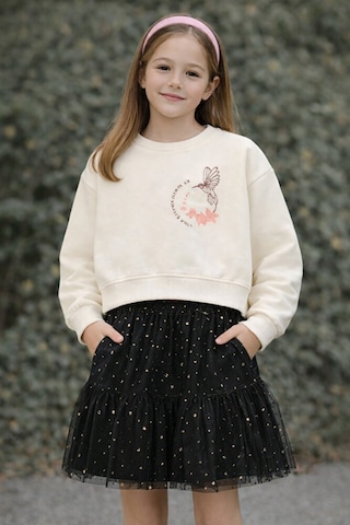 Kız Çocuk Nakış Detaylı Uzun Kollu Sweatshirt Vanilya Renk 5 10 Yaş Beyaz