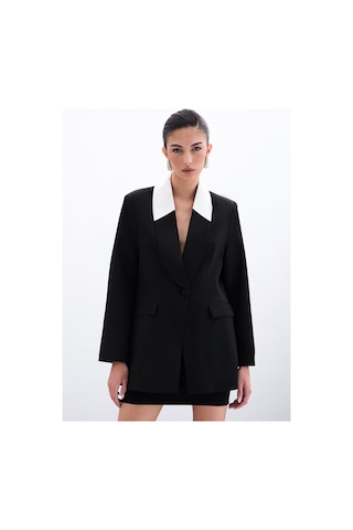 Sateen Kontrast Uzun Ceket - Siyah-135800 Siyah