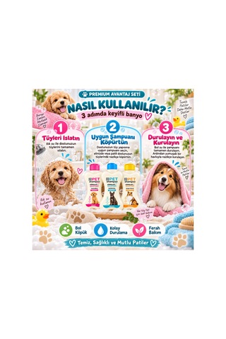 Köpek Şampuan Seti 3x400 Ml Yavru, Normal Ve Uzun Tüylü Köpekler İçin Premium Bakım Paketi