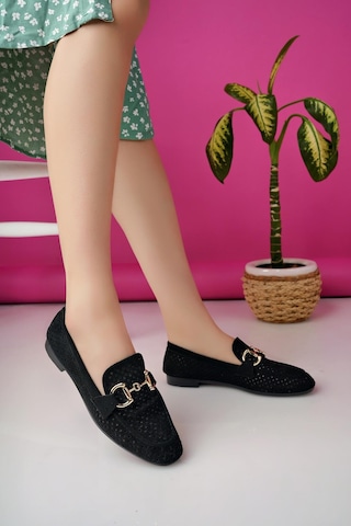 Muggo Phuket Garantili Metal Tokalı Lazerli Nefes Alabilen Deri Kadın Loafer Günlük Ayakkabı Siyah