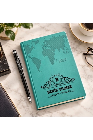 Bk Gift Kişiye Özel 378 Termo Deri Tarihli Ajanda & Siyah Touch Pen Tükenmez Kalem-14 Turkuaz