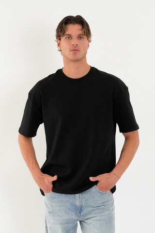 Blank Unisex Oversize Geniş Kesim Tişört %100 Pamuk Kalın Dokulu Bisiklet Yaka T-shirt Siyah
