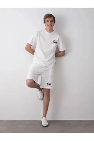 Erkek Çocuk 1983 Yazılı Pamuklu Oversize T-shirt Şortlu Takım-15797 Ekru