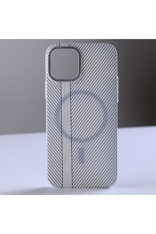 Merci Iphone Uyumlu 14 Pro Uyumlu Carbon Line Magsafe Destekli Kılıf Beyaz