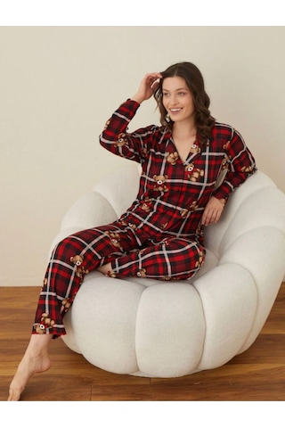 Boyraz Süet Düğmeli Uzun Kol Pijama Tk Kırmızı