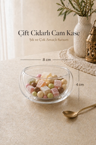6 Adet Çift Cidarlı Cam Kase Seti Reçellik, Lokumluk, Çerezlik Ve Drajelik Şık Sunumluk 8x4 Cm Şeffaf