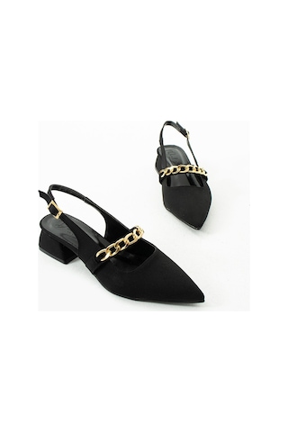 Duxal Shoes Violet Kısa Topuk Zincir Detaylı Klasik Topuklu Ayakkabı - Babet Siyah Kumaş