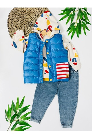 Moscova Kırmızı Çizgi Cep Detaylı Çıtçıt Yelekli Mevsimlik 3lü Takım Saks Mavisi