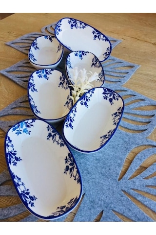 Yasemin Model 6'lı Oval Kahvaltılık Mavi Beyaz
