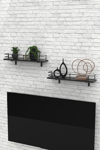 Modern Tasarımlı Metal Korkuluklu Siyah Ahşap Duvar Rafı İkili Siyah