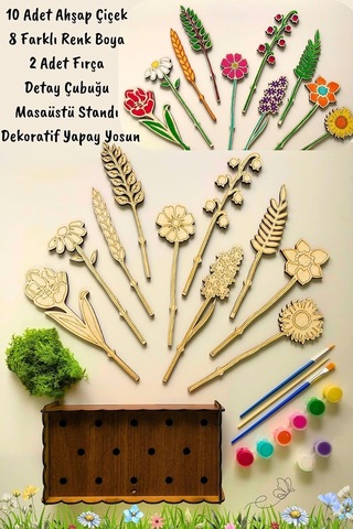 Ahşap Boyama Seti, Çiçek Desenleri, 18-20 Cm, 10 Parça 10'lu Standlı