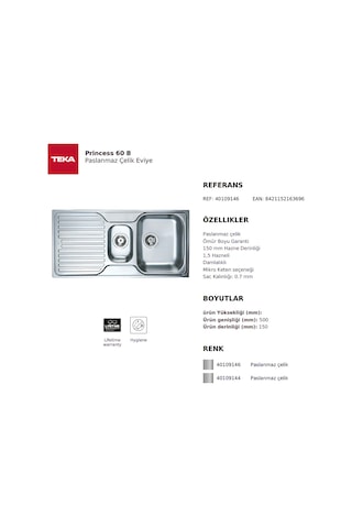 Teka Princess 60 B Paslanmaz Çelik Eviye - 40109146