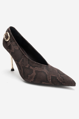 Luvishoes Polly Kahverengi Desenli Tokalı Kadın Topuklu Ayakkabı Kahverengi
