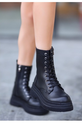 Rxn Siyah Cilt Bağcıklı Suni Deri Yandan Fermuarlı İçi Pedli Bot Siyah