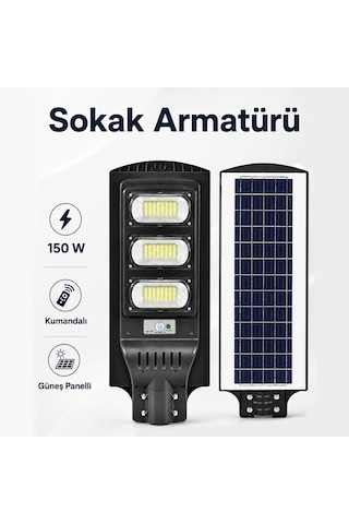 Solar Led Sokak Armatürü 150w Güneş Panelli Kumandalı Dış Mekan Bahçe Aydınlatma Lambası