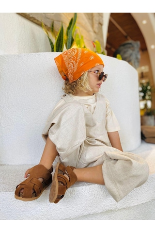 Cigit V Yaka Paça Lastikli Keten Salopet 2-7 Yaş Naturel Beyaz