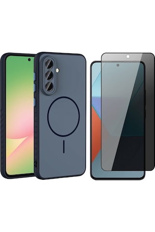 Vendas Samsung Galaxy Uyumlu A56 Kılıf M-safe Şarj Özellikli Zore Tea Kapak + Hayalet Ekran Koruyucu Lacivert