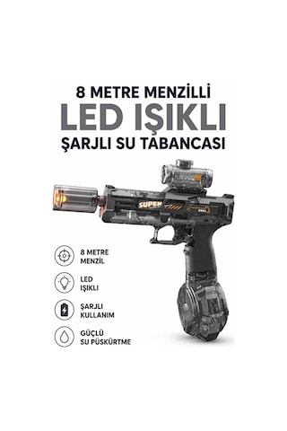 Sarjlı Otomatik Su Tabancası Led Işıklı Geniş Su Hazneli Gerçekçi Geri Tepme Efektli Uzak Menzilli Siyah
