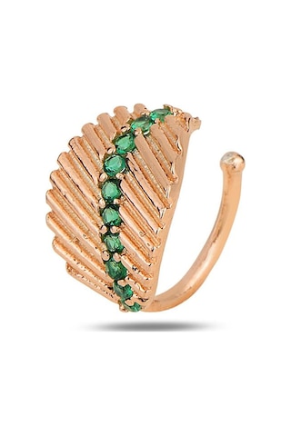 Gümüş Rose Yeşil Taşlı Yaprak Modeli Sıkıştırmalı Kıkırdak Küpe Ear Cuff